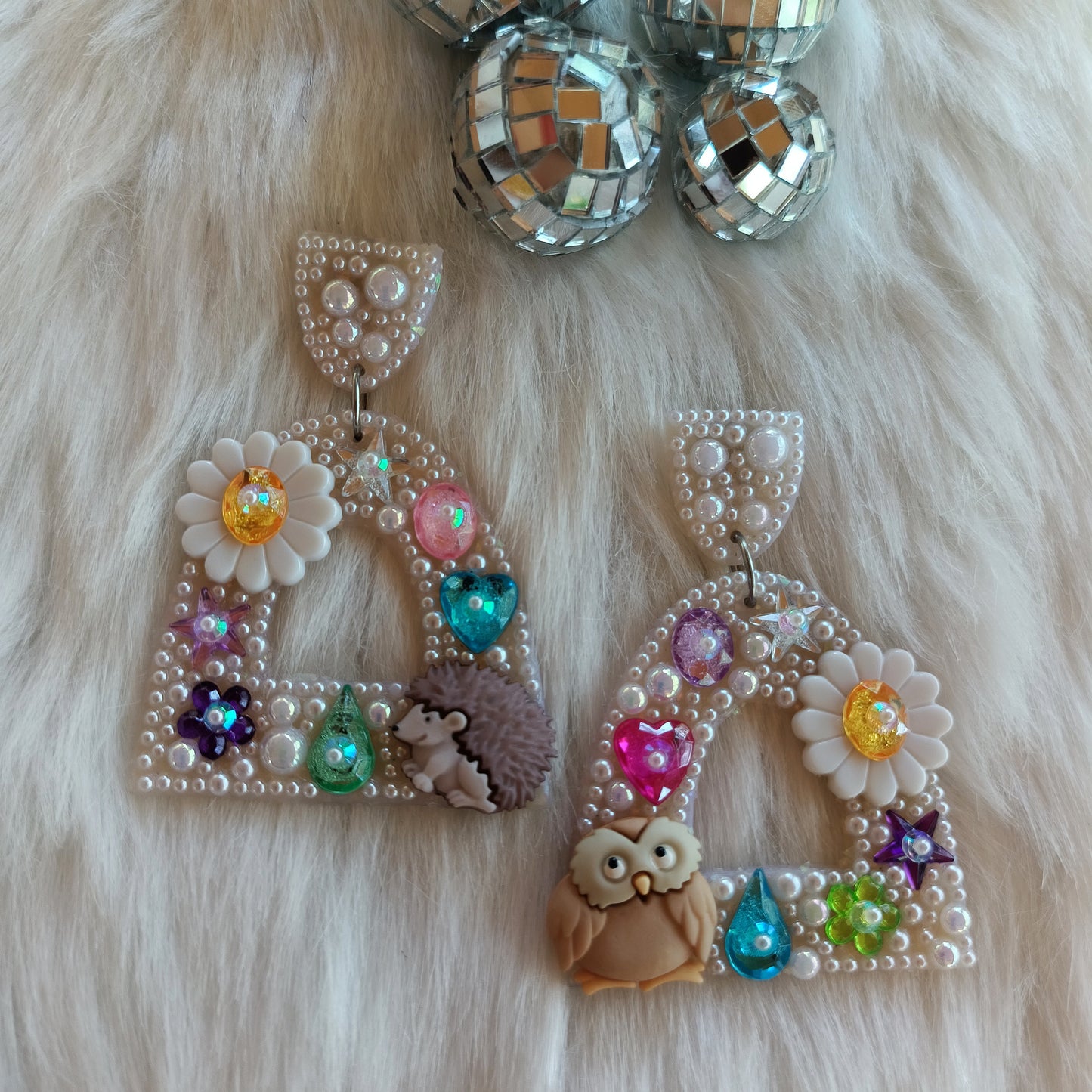 🦝Forest Friends, But Make It Sparkle, Forest Core Earrings, Bedazzled Pearl Earrings, Owl Earrings, Hedgehog Earrings, Whimsical Earrings, Pearl Statement Earrings 💖