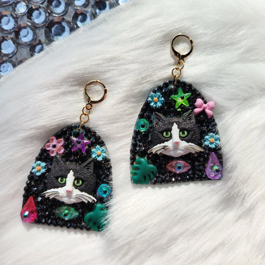 🪴Dame Aux Chats (Cat Lady), Tuxedo Twosome, Blueberry and Nugget, Sparkle Cat Statement Earrings🐈‍⬛