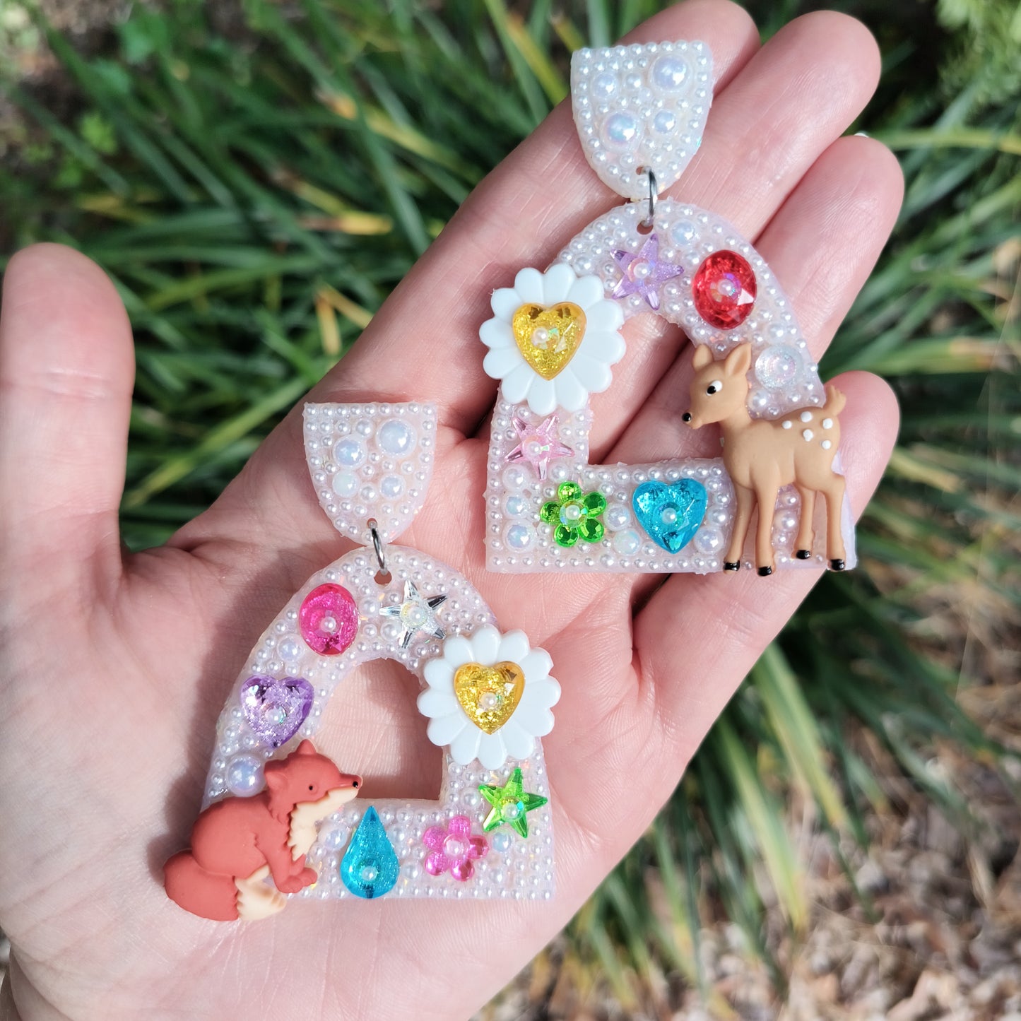 🦨Forest Friends, But Make It Sparkle, Bedazzled Dangle Earrings, Pearl Statement Earrings, Fawn Earrings, Fox Earrings, Forest Core Earrings✨