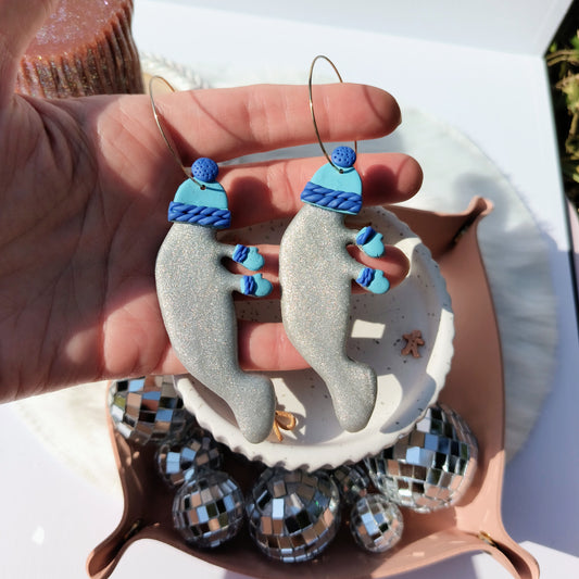 ❄️On The Way To The Warm Springs Manatee Earrings, Snuggly Winter Manatee Earrings