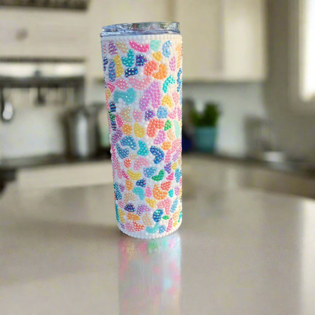 Rainbow terrazzo tumbler on a kitchen counter