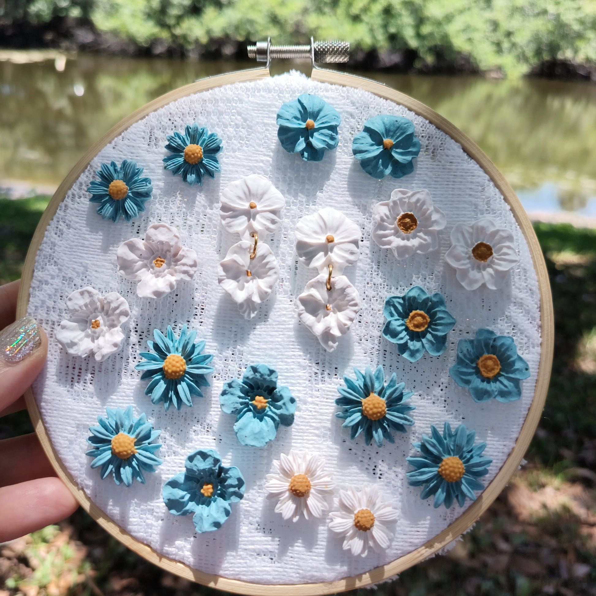 Embroidery hoop with blue and white floral designs held by a hand.