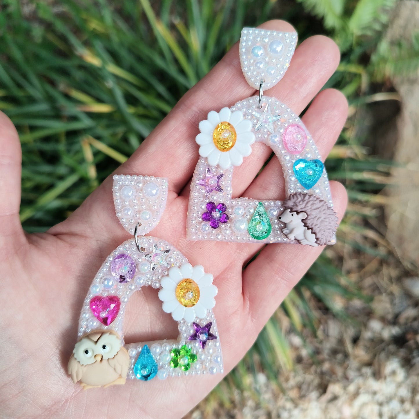 🦝Forest Friends, But Make It Sparkle, Forest Core Earrings, Bedazzled Pearl Earrings, Owl Earrings, Hedgehog Earrings, Whimsical Earrings, Pearl Statement Earrings 💖