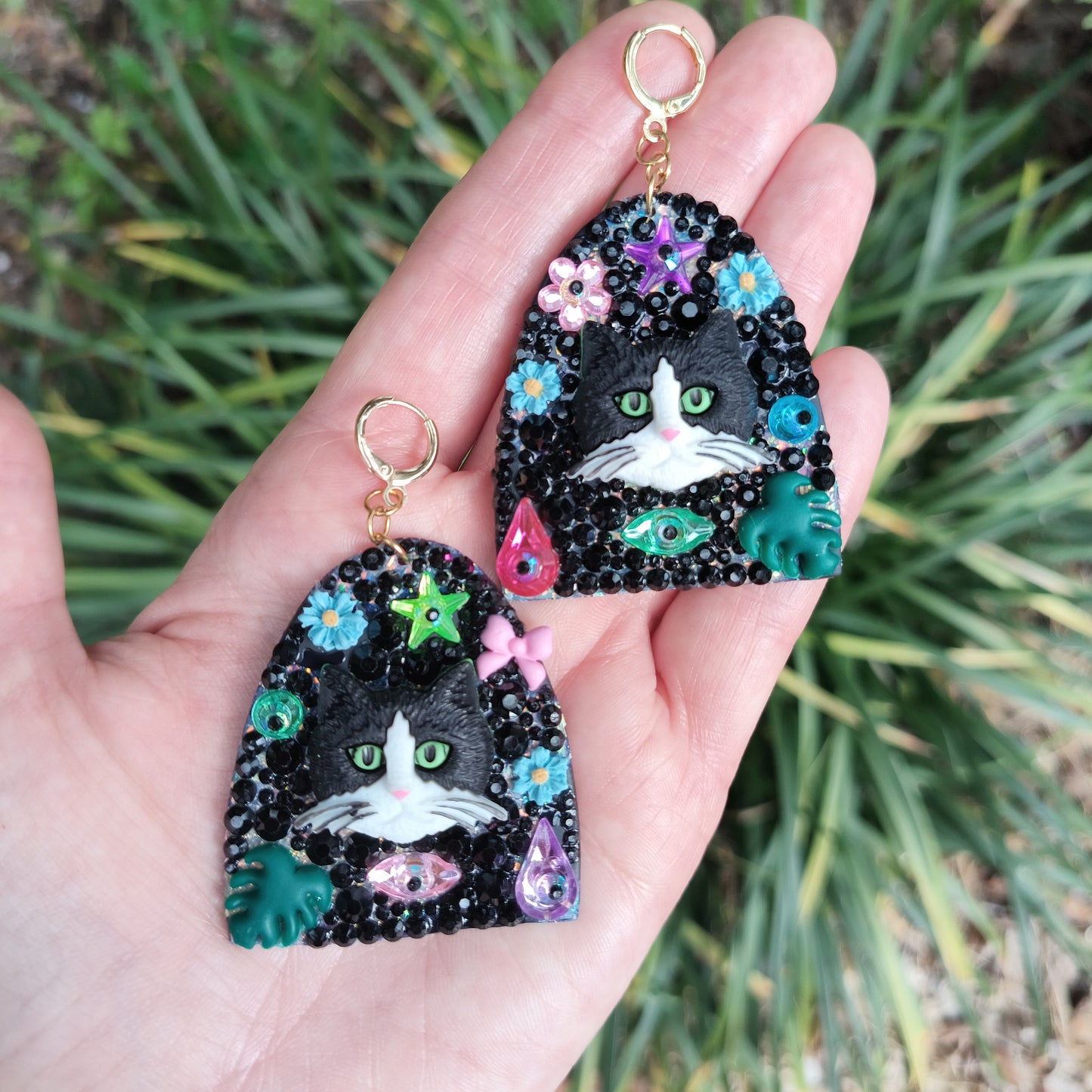 🪴Dame Aux Chats (Cat Lady), Tuxedo Twosome, Blueberry and Nugget, Sparkle Cat Statement Earrings🐈‍⬛
